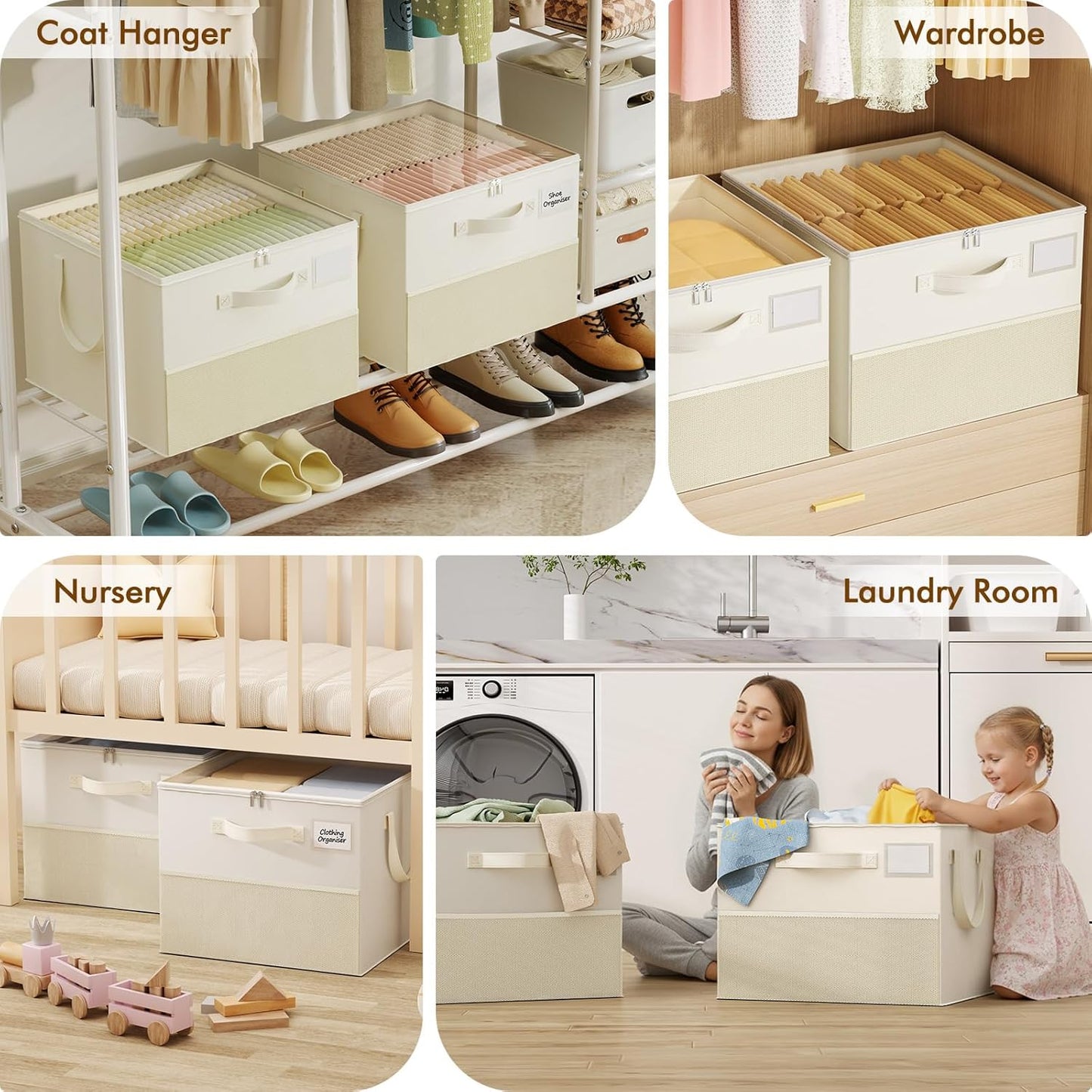 2 Pack Shoe Organizer for Closet, Large Shoe Box Storage Containers, Foldable Shoe Storage Organizer Box Bin with Adjustable Dividers and Clear Cover, Space Saving Shoes Holder, Beige