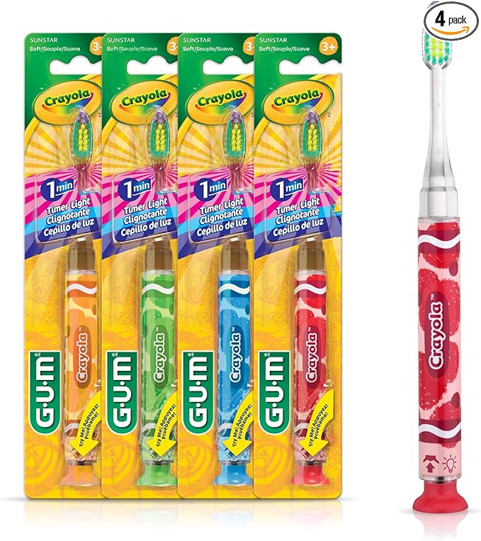 GUM Crayola Timer Light Kids Toothbrush, Soft-Bristled Toothbrush with Suction Cup Base for Ages 3+, 1 Count (Pack of 4)