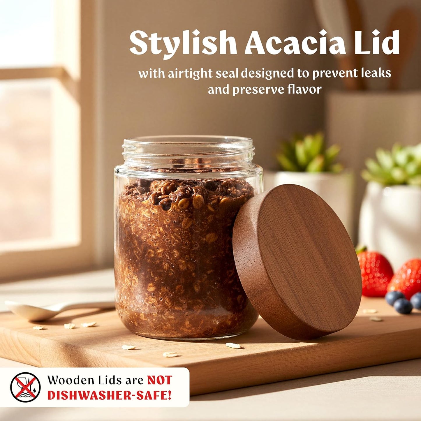 Overnight Oats Containers with Lids Acacia (4 x 16oz) Glass Jars for Oatmeal, Meal Prep, Food Storage | Leak-Proof Mason Jars for Oats, Cereal, Yogurt, Chia Pudding [Thicker Glass 3mm]