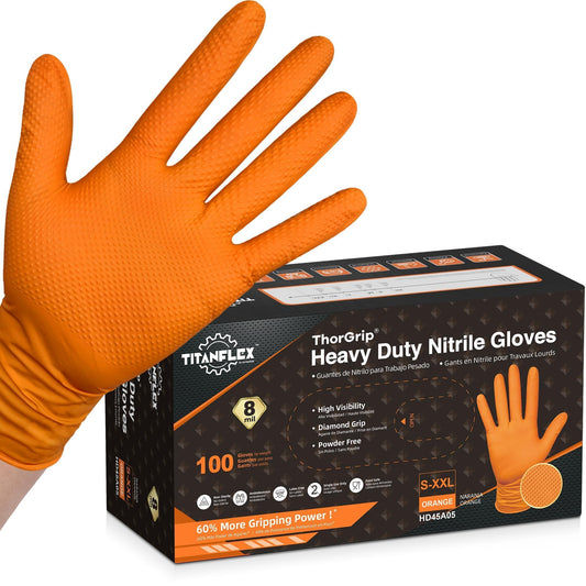 TitanFlex Heavy Duty Orange Industrial Nitrile Gloves with Raised Diamond Texture, Latex Free (6mil/8mil)