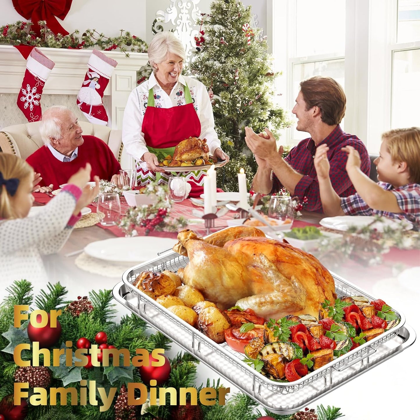 Air Fryer Basket for Oven, Extra Large 18.8" x 12.8" Oven Air Fryer Basket and Tray Set with 30 PCS Parchment Papers, Stainless Steel Air Fryer Pan and Crisper Tray (Silver)