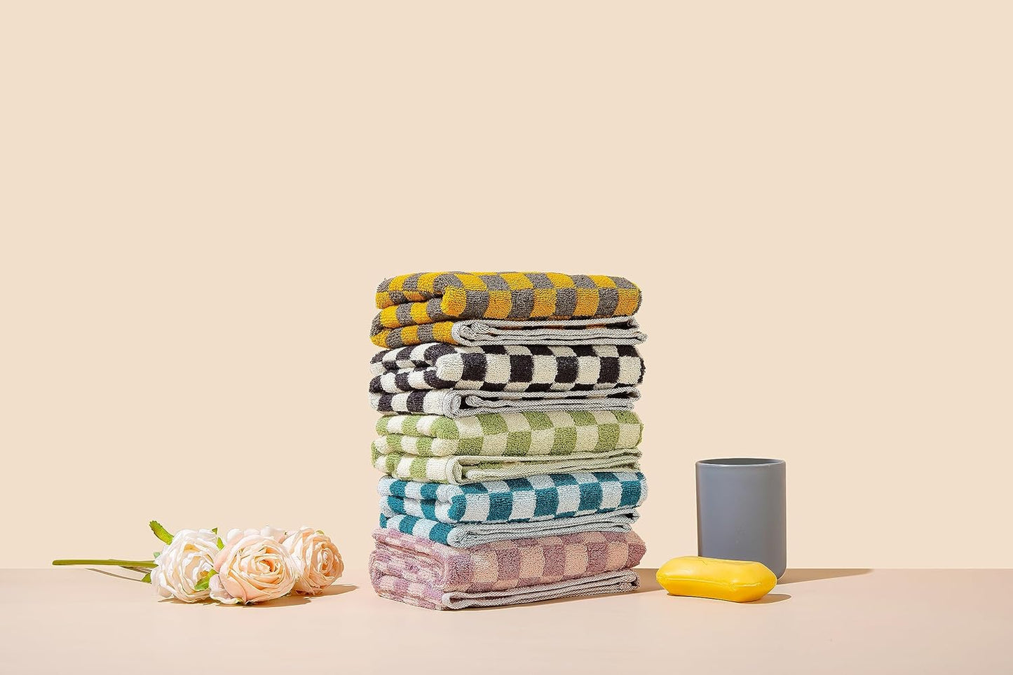 Hand Towels 5 Pack - Cotton Face Towels Soft, Absorbent, and Decorative Checkered Design for Bathroom, Kitchen, Gym, and Spa - 13 x 29 Inches for Any Occasion