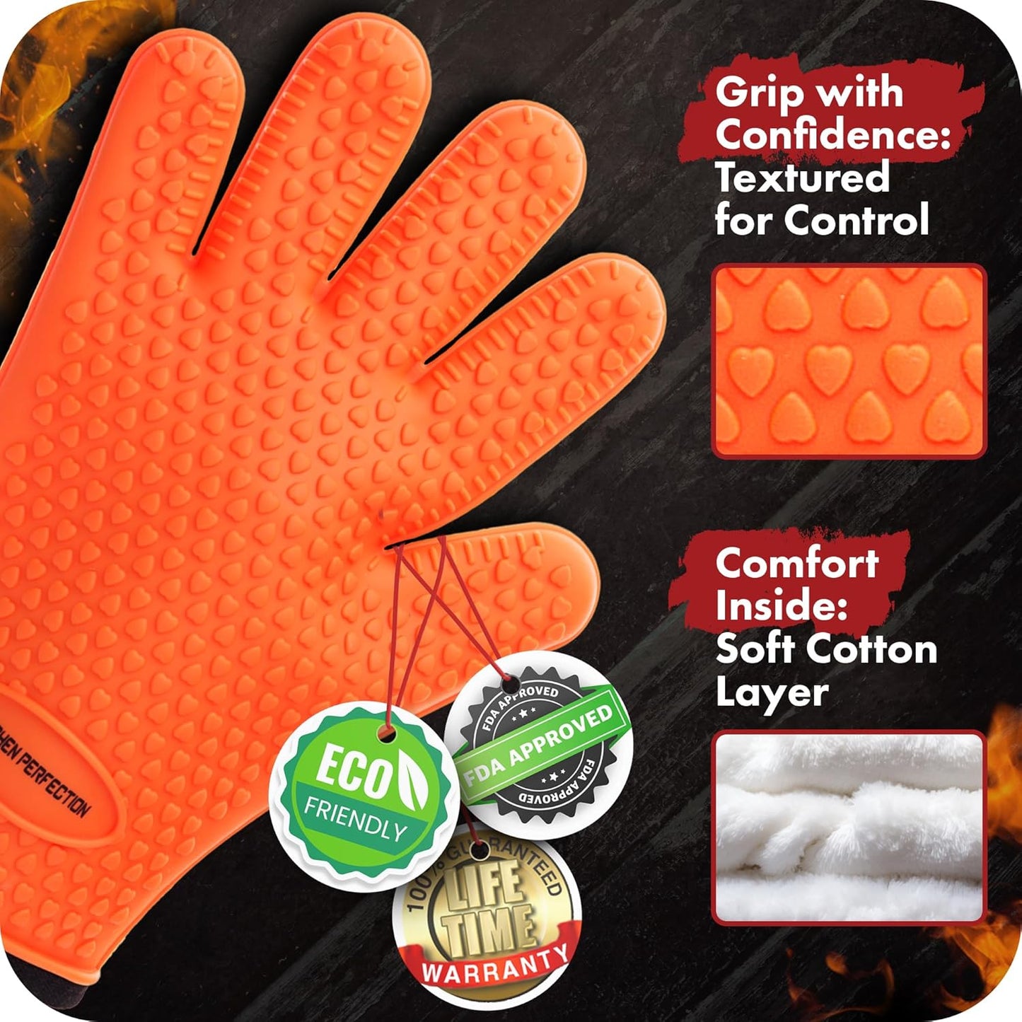 KITCHEN PERFECTION Silicone Smoker Oven Gloves -Extreme Heat Resistant BBQ Gloves -Handle Hot Food Right on Your Smoker Grill Fryer & Pit | Waterproof Oven Mitts |Superior Value Set+3 Bonuses