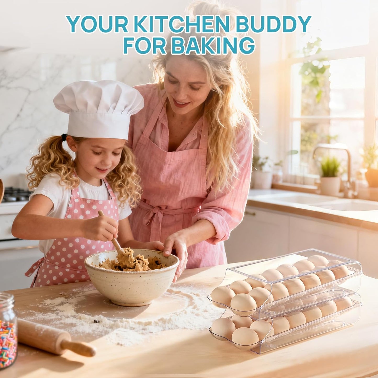 Vtopmart Clear Plastic Egg Holder for Fridge, Automatic Rolling Egg Container for Refrigerator, Stackable 14-Count Eggs Organizer with Removable Inner Tray, Fridge Organizers and Storage, 2Pack