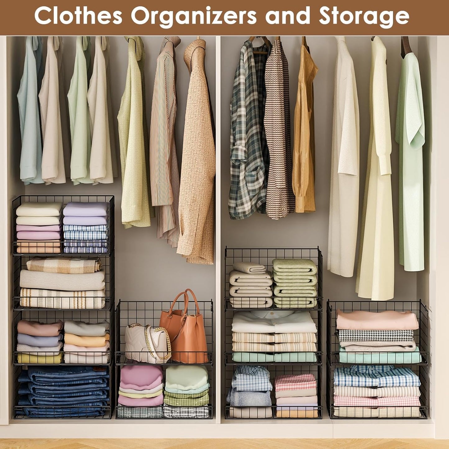 4-Tier Stackable Closet Organizers and Storage Shelves, Clothes Shelf Organizer Basket Bins, Foldable Sweater Storage for Closet Organizer System, Black (Patent Pending)