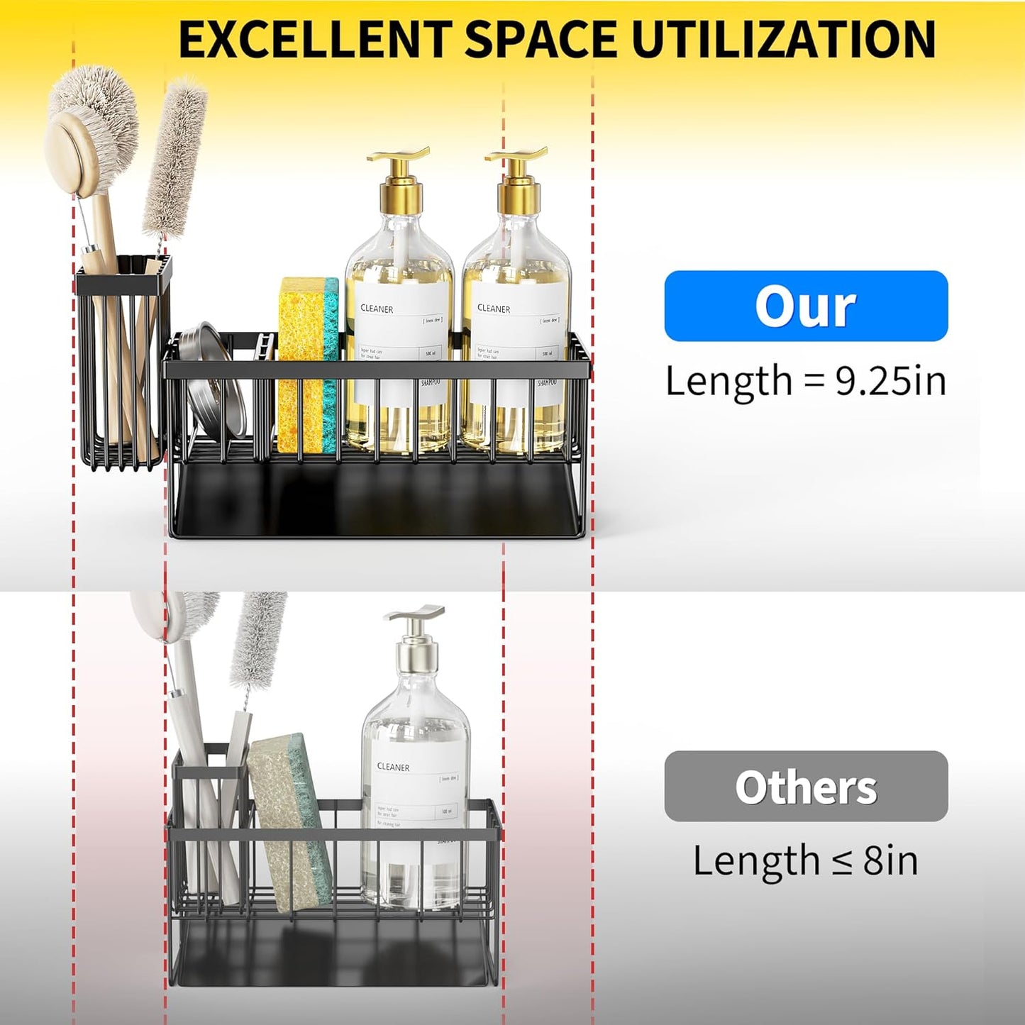 Cisily Kitchen Sink Caddy Organzier with High Brush Holder, Sponge Holder for Sink, 304 Rustproof Stainless, Kitchen Countertop Soap Dispenser Organizer