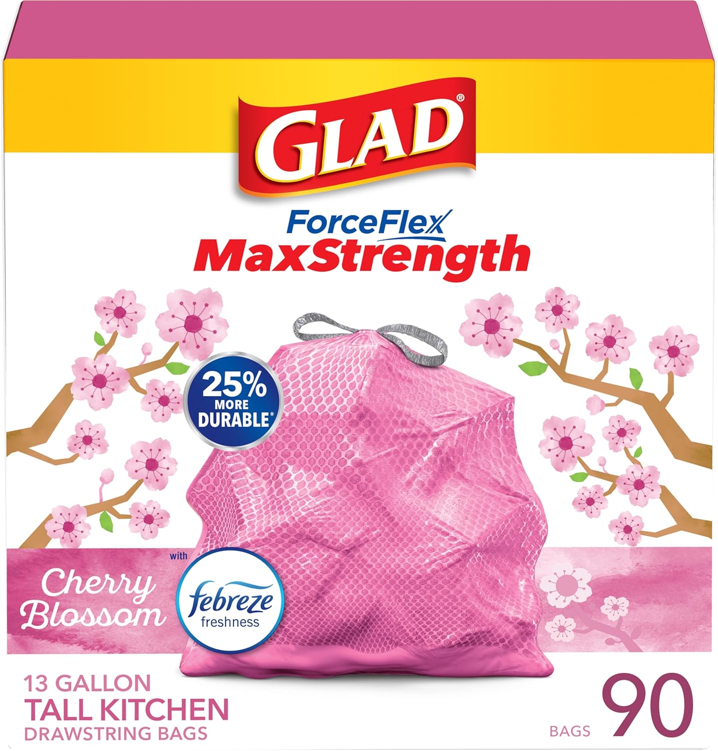 Glad Tall Kitchen Trash Bags 13 Gallon, MaxStrength Cherry Blossom Garbage Bags, Drawstring, 90 Count