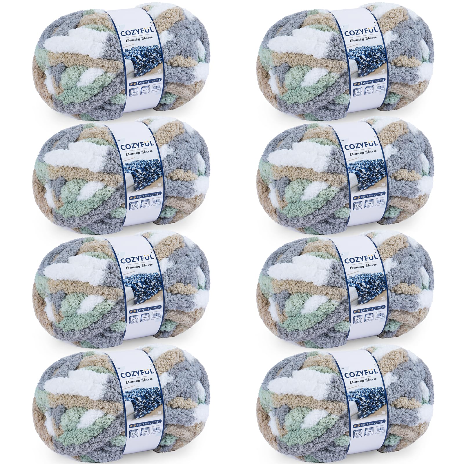 Cozyful Chunky Yarn for Hand Knitting - #10 Chunky Chenille Blanket Yarn, Jumbo Big Thick Chunky Yarns for Crocheting, Tie Dye Bulky Knit Yarns, 8 Skein (20 yds 8 oz Each Skein), Cream&Sage&Grey&Khaki