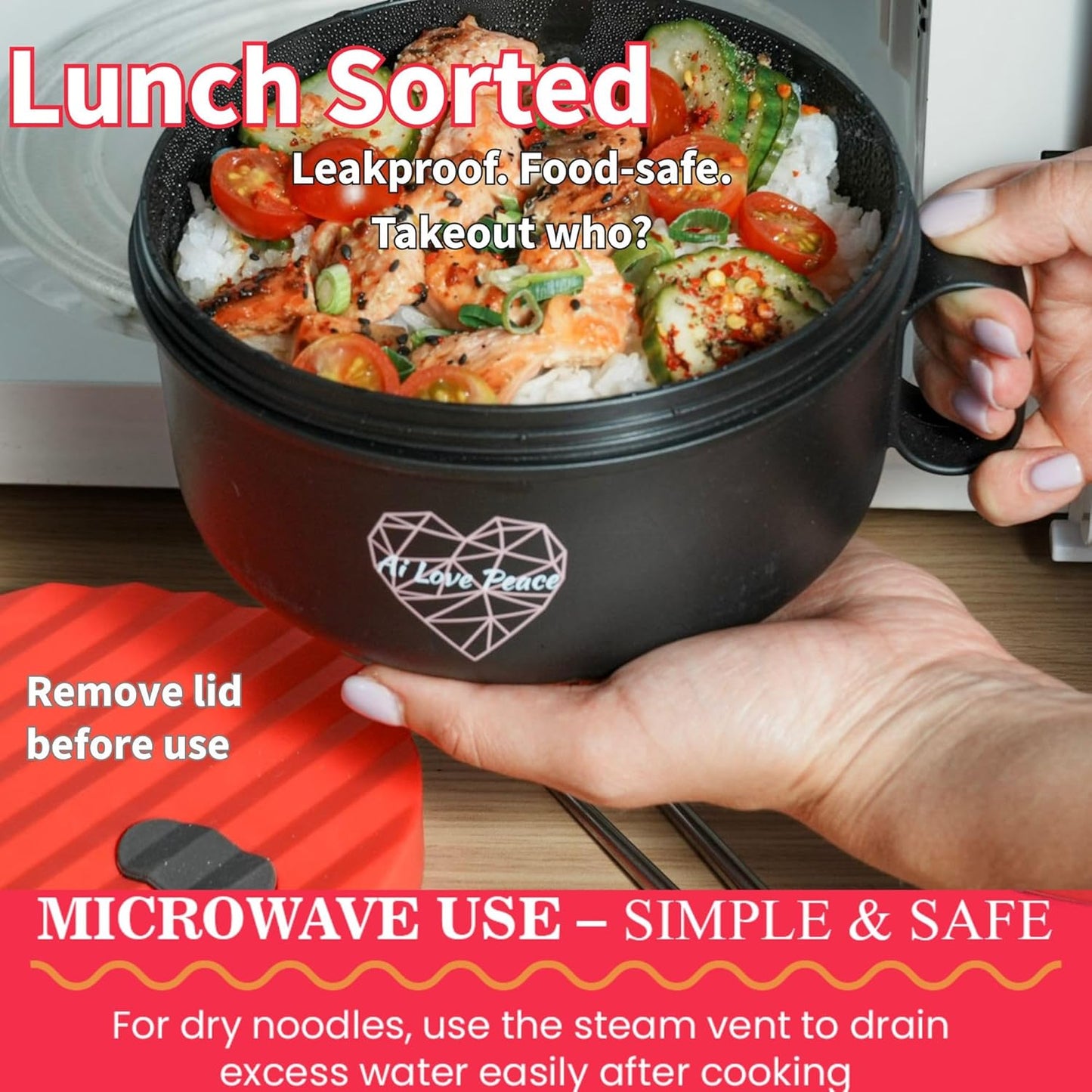 AI LOVE PEACE Microwaveable Ramen Noodle Bowl Cooker 40oz for Ramen, Rice, Pho, Soup, and Pasta, Dishwasher Safe and Portable, Ideal for Home, Office, Dorm, or Gift (Red)