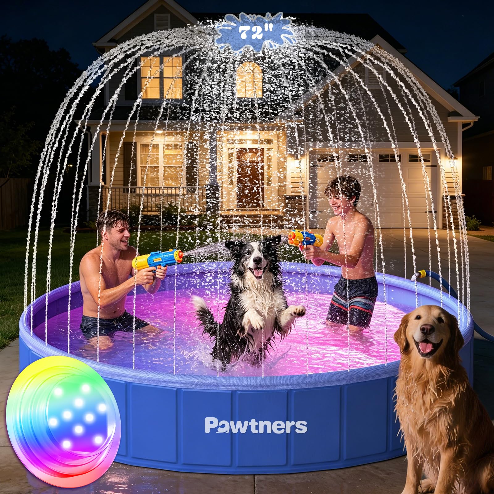 Pawtners Foldable Dog Pool with Sprinkler & RGB LED Light, 72" Collapsible Hard Plastic Swimming Pool for Small Large Dogs Cats and Kids, Portable Pet Bathing Tub Wading Pool for Backyard Camping Blue