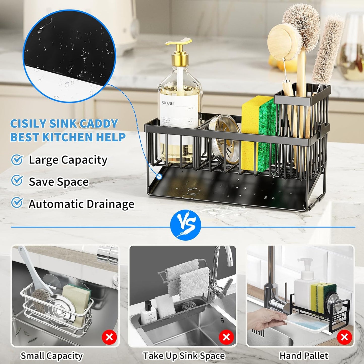 Cisily Kitchen Sink Caddy Organzier with High Brush Holder, Sponge Holder for Sink, 304 Rustproof Stainless, Kitchen Countertop Soap Dispenser Organizer