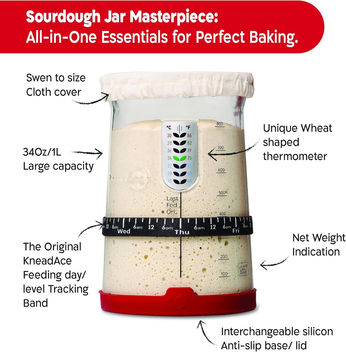 KNEADACE Pro Sourdough Bread Starter Kit - 34 oz Large Capacity Sourdough Starter Jar with 5 unique features for the perfect sour dough bread & sourdough starter kit - sourdough supplies (KA06)