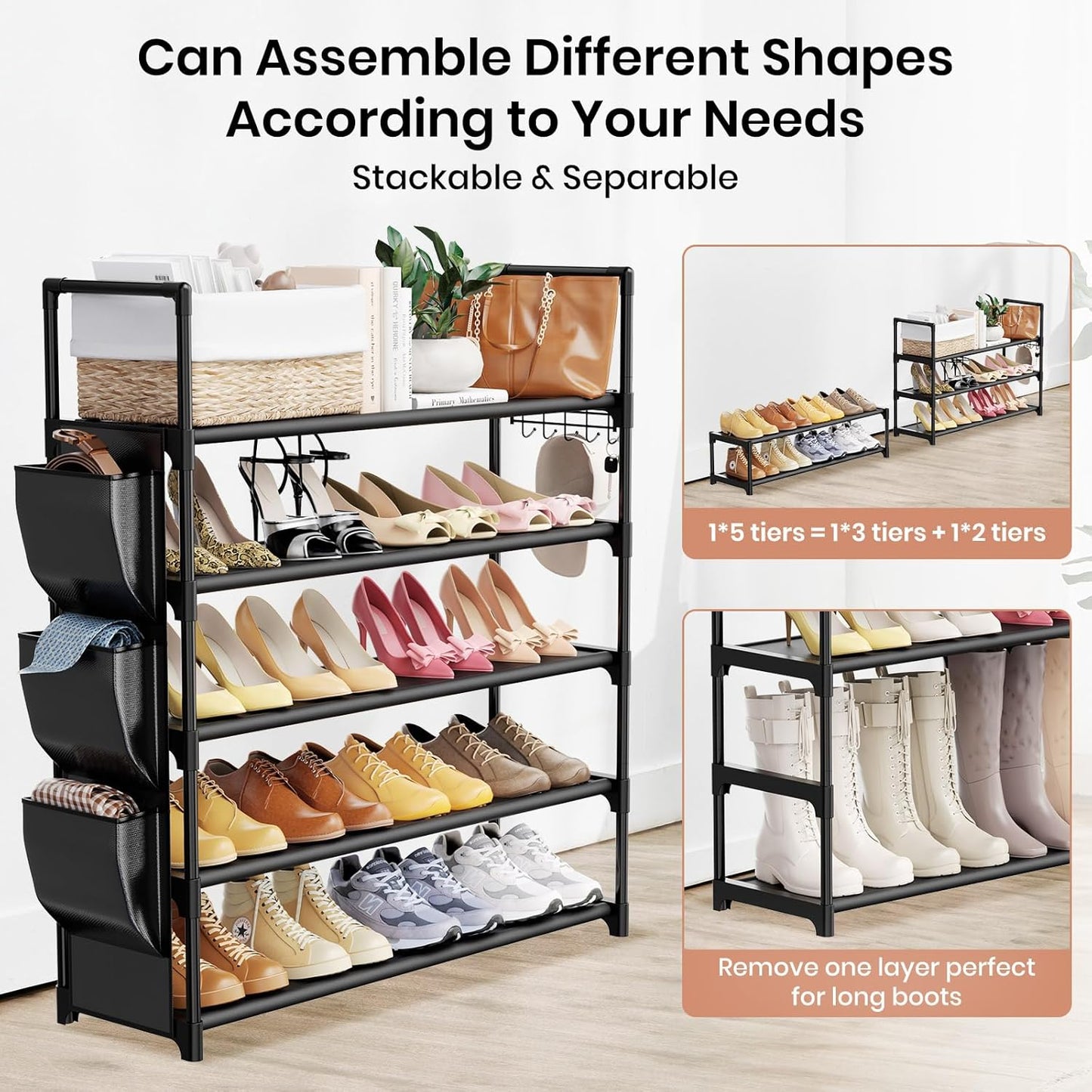 5 Tier Shoe Rack with Hook and Side Pocket,Shoe Organizer Space Saver Storage for 20-25 Pair Shoe Storage Shelf Sturdy Free Standing Long Shoe Rack Organizer for Closet,Entryway,Small Spaces