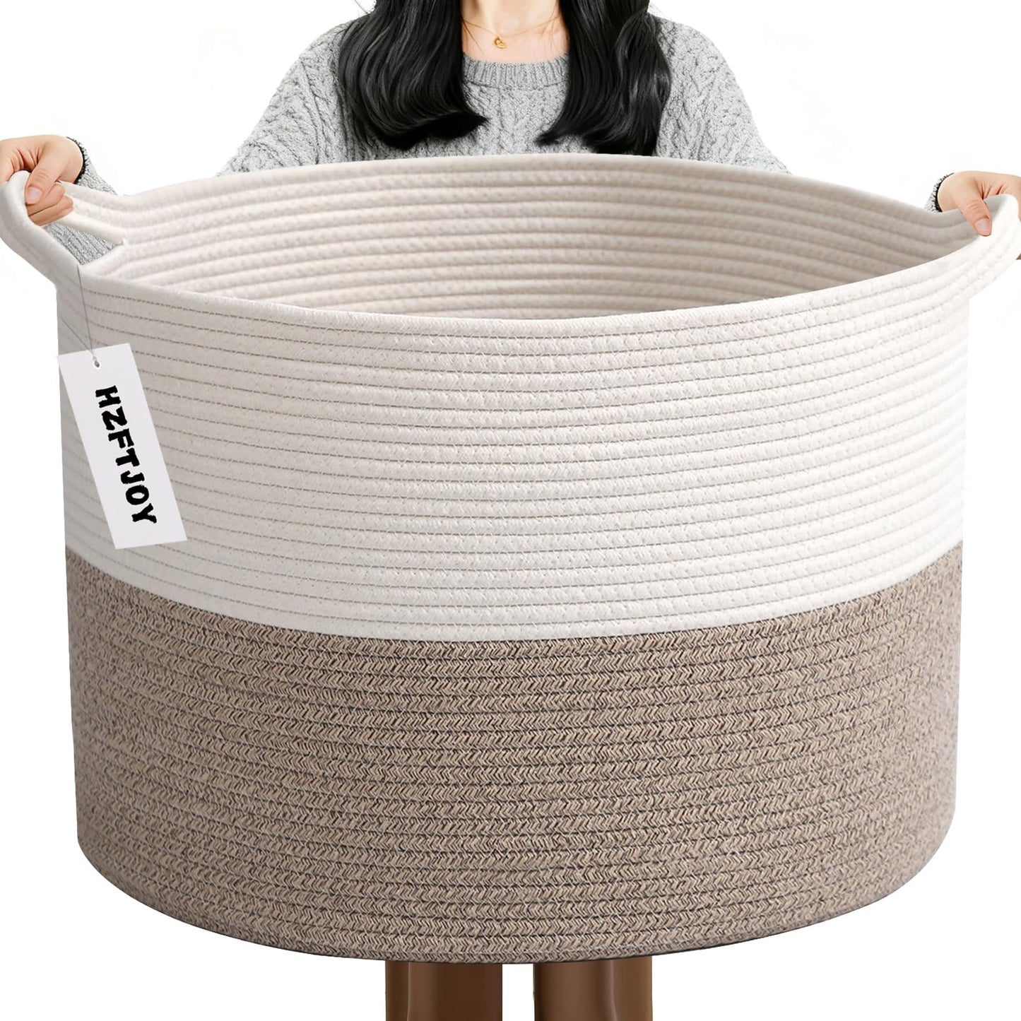 65L Large Woven Cotton Rope Blanket Basket with Handles, Laundry Hamper Storage Bin for Pillows, Clothes, Bedroom and Living Room Organization, White & Brown