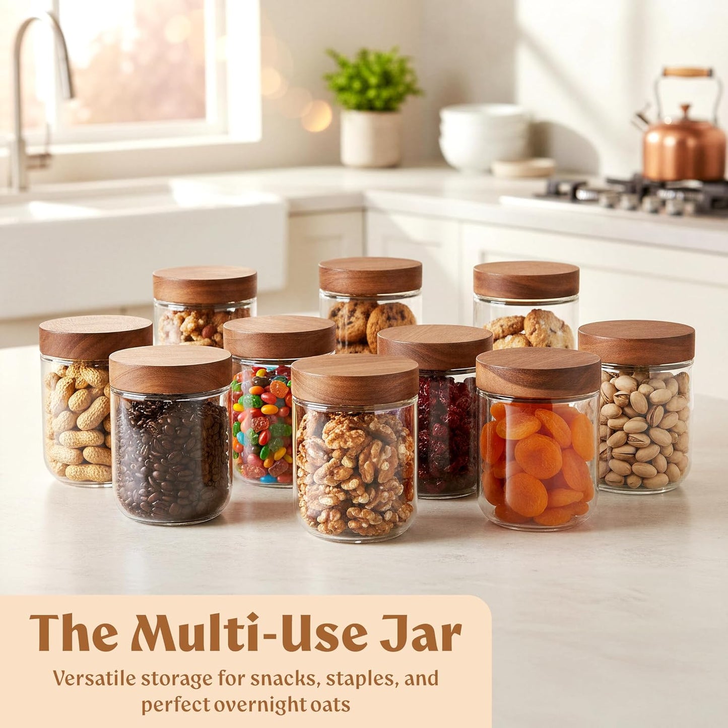 Overnight Oats Containers with Lids Acacia (4 x 16oz) Glass Jars for Oatmeal, Meal Prep, Food Storage | Leak-Proof Mason Jars for Oats, Cereal, Yogurt, Chia Pudding [Thicker Glass 3mm]