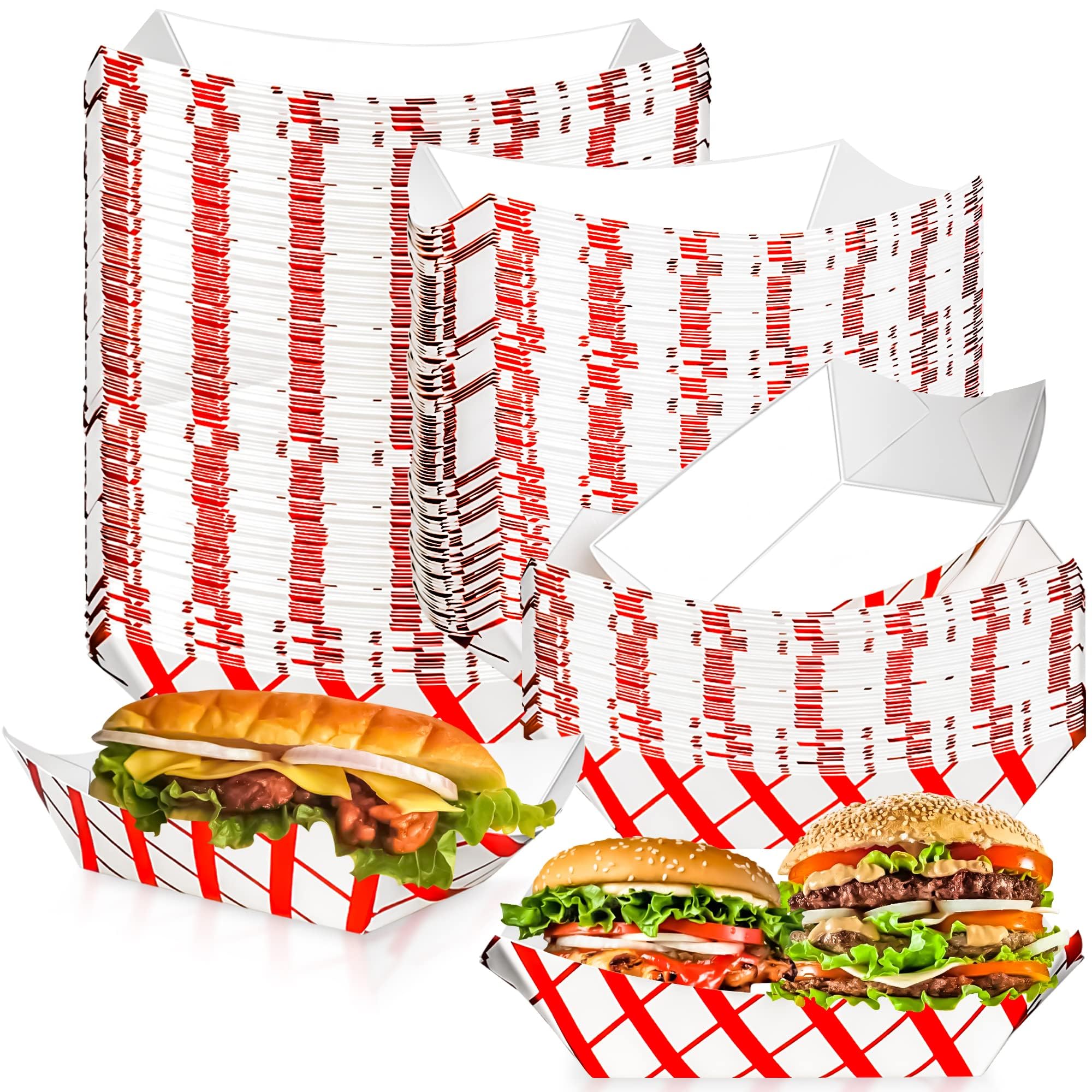 100 Pack 3lb Paper Food Trays,Disposable Greaseproof Kraft Checkered Carnival Food Serving Take Out Basket Tray Boat for Snacks Fries Nachos Popcorn Hot Dogs Carnival Wedding Party Picnic
