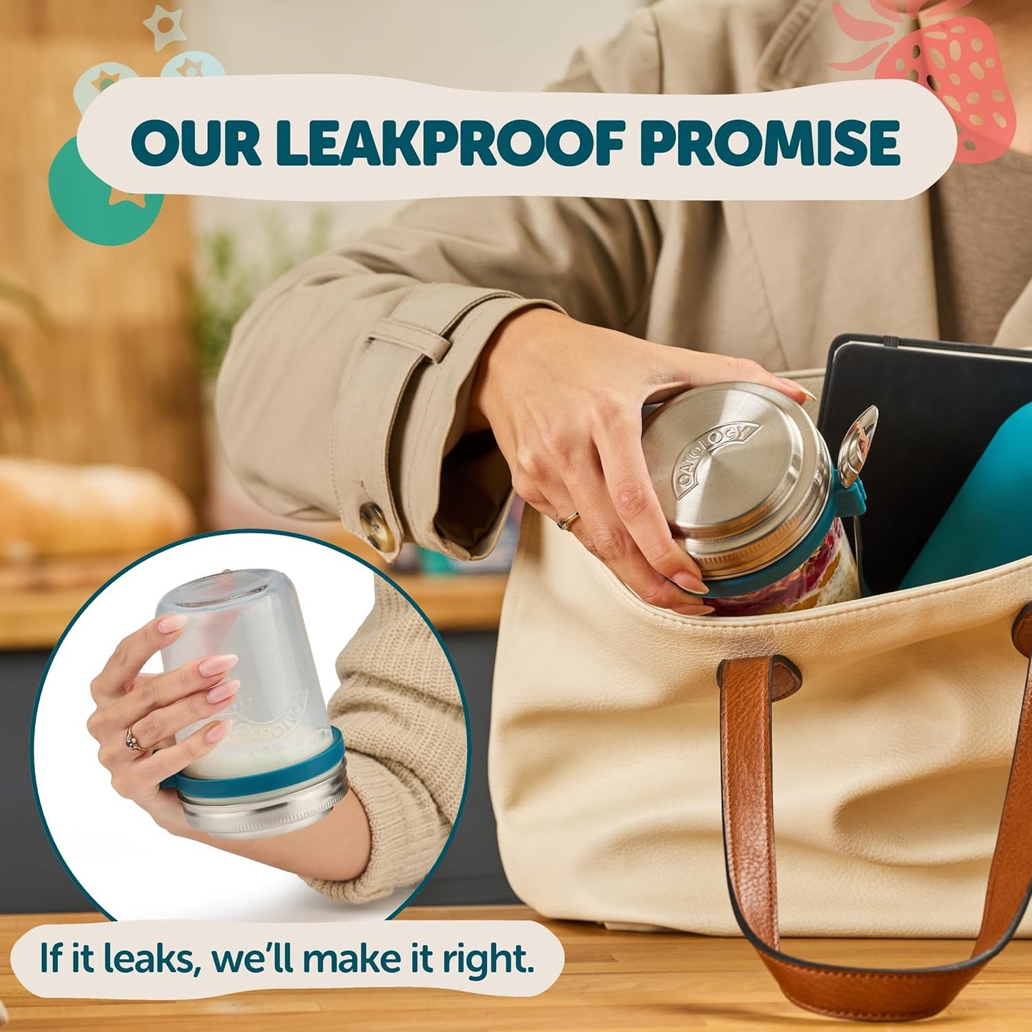 OATOLOGY Overnight Oats Containers with Lids & Spoons - Stainless Steel Lid Leakproof Glass Jars for Chia Pudding & Yogurt for Healthy Breakfast On-the-Go - 16oz Set with Unique Milk Line - 2 Pack