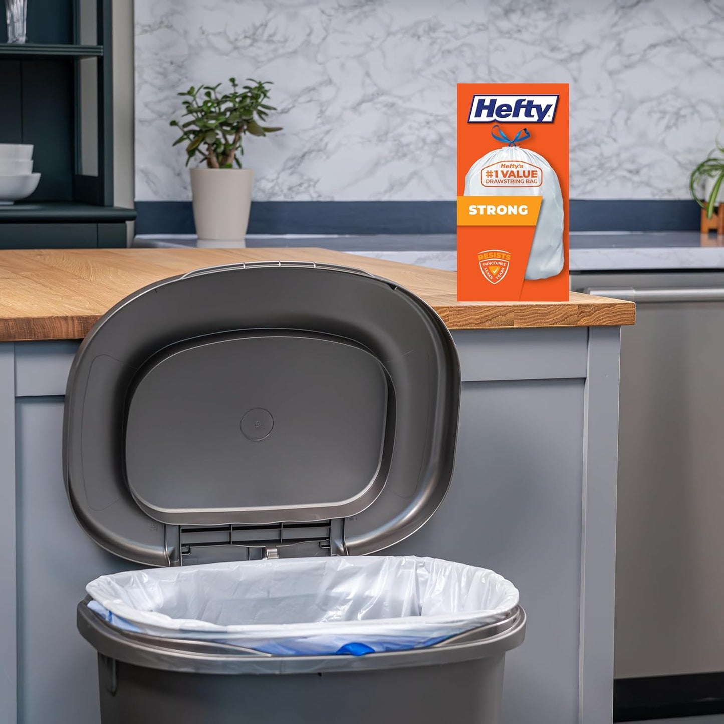 Hefty Strong 13 Gallon Trash Bags, Tall Kitchen Trash Bags, UnscentedLarge Trash Bags with Drawstrings, Durable Closure, Resists Leaks, Punctures, and Tears, White, Unscented, 90 Bags