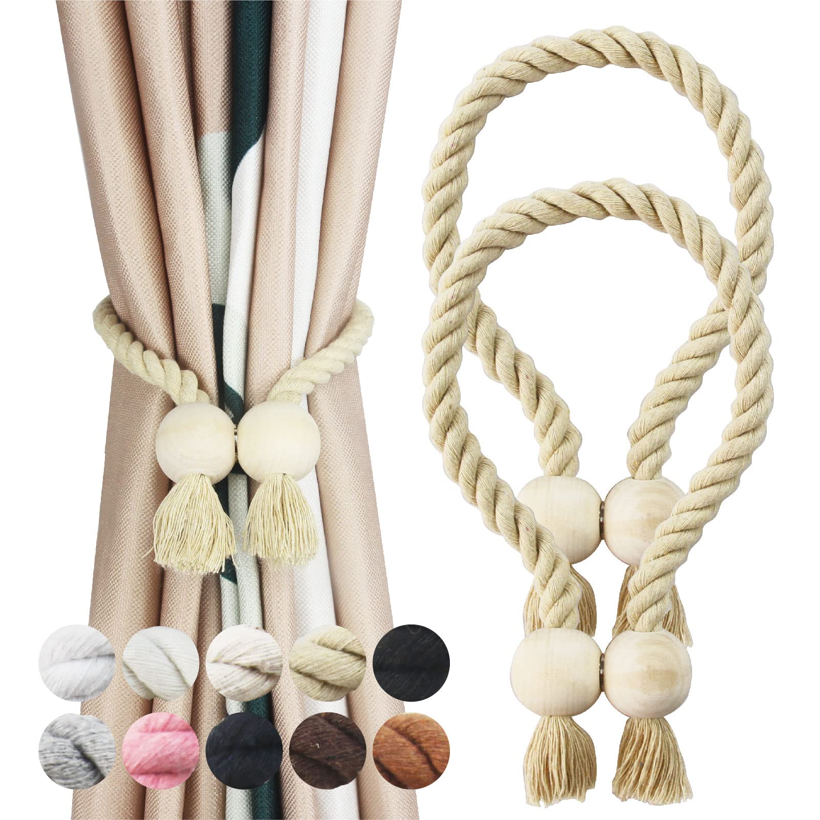 2 Pack Dark Beige Magnetic Curtain Tiebacks Cotton Hand Woven Tieback Holdback Decorative Tie Backs for Drapes with Wooden Buckle No Tools Required