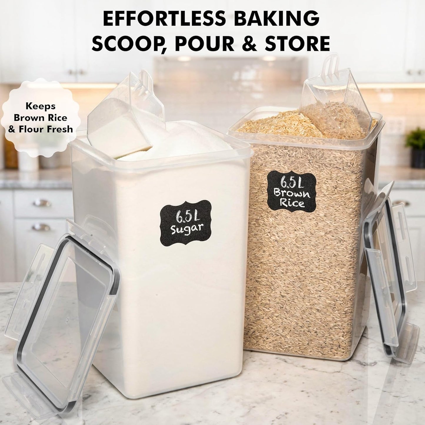 WHITE FEATHER SUPPLIES 2 PC [6.5L / 220 Oz] Large Food Storage Containers with Lids Airtight - BPA Free Clear Plastic Kitchen and Pantry Storage Containers, Bulk Storage for Cereal, Flour, Sugar, Rice