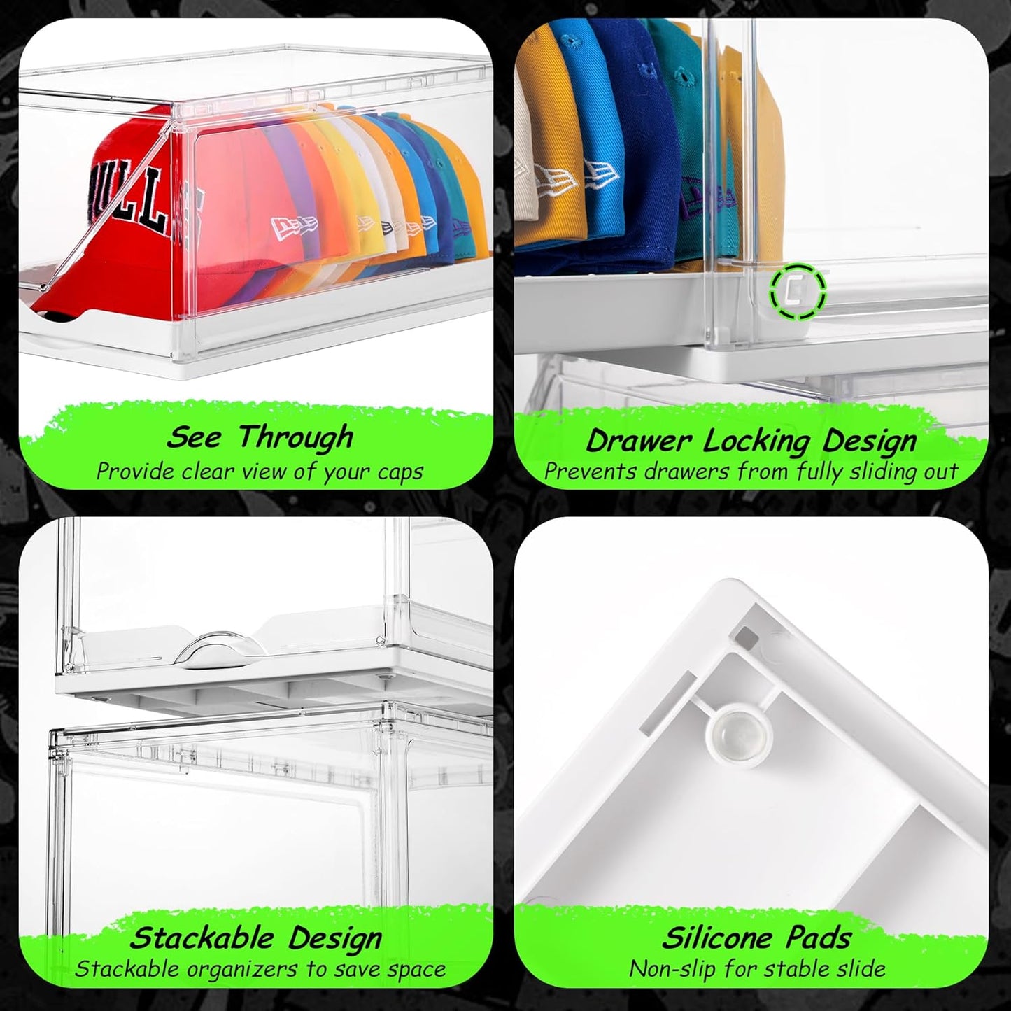 Vtopmart 2 Pack Hat Organizer for Baseball Caps, Clear Hats Holder Box with Drawer, Large Cap Storage with Sliding Tray, Stackable Rack Display Case with Magnetic Door, Each Holds 12 Hats