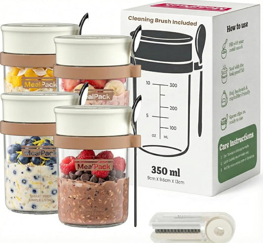Overnight Oats Containers with Lids and Spoons (4 Pack) – 12oz Glass Jars for Yogurt Meal Prep, Chia Pudding & Snacks – Leakproof Airtight Mason Jar Set – Portable Food Storage with Cleaning Brush