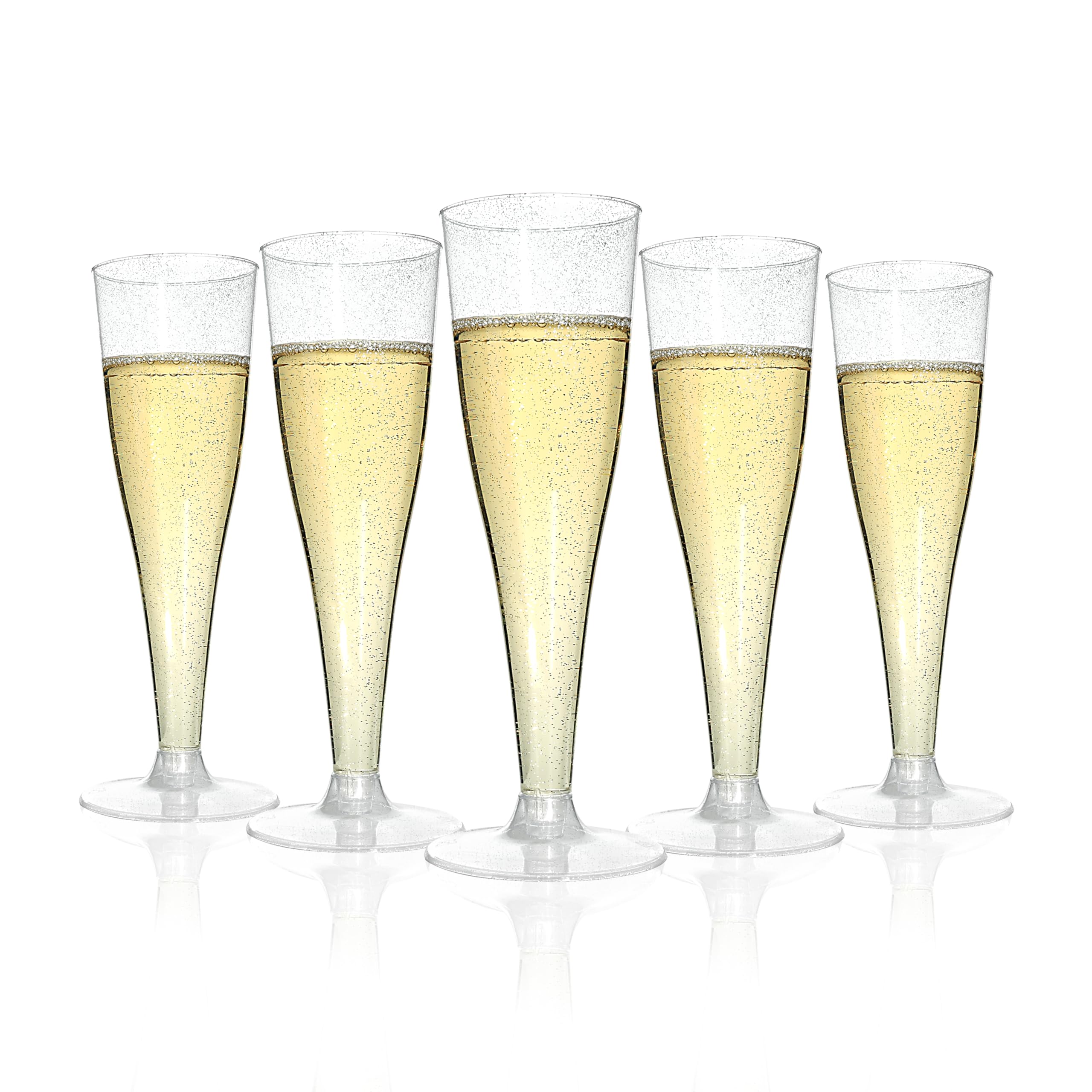 Bestluck 100 Pack Champagne Flutes Plastic, 4.5 oz Silver Glitter Plastic Disposable Stemware, Disposable Champagne Flutes for Party, Mimosa Bar, Wedding, Anniversary and Graduation