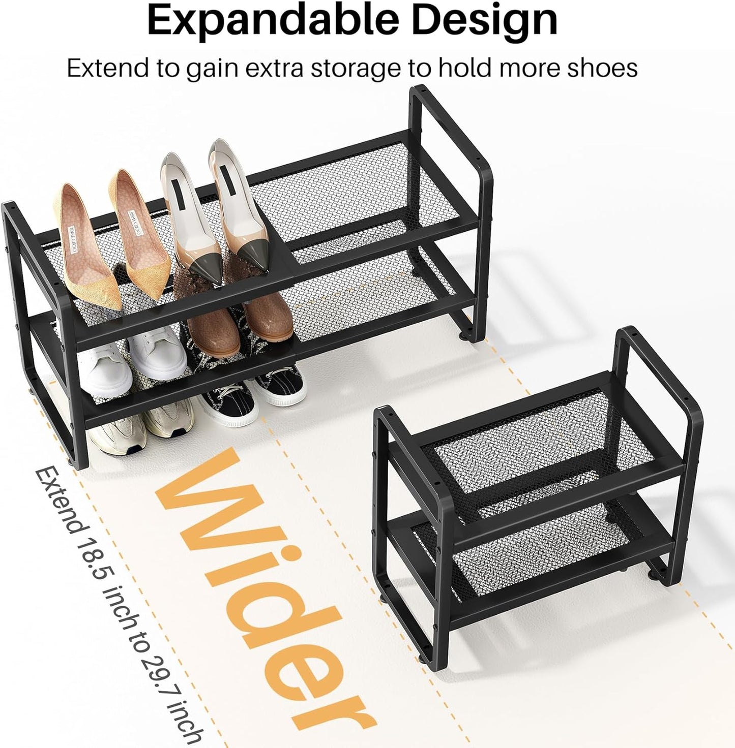 SNTD Shoe Rack - Expandable Shoe Organizer for Closet, Adjustable Metal Shoe Shelf Storage, Stackable Long Shoe Stand Holder for Garage, Entryway, Door Entrance (Black, 2-Tier)