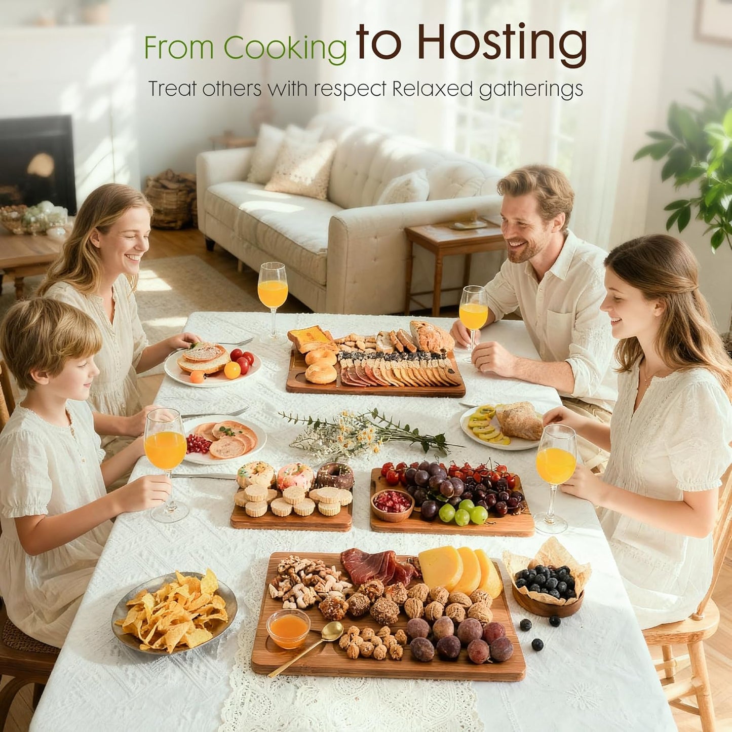 Astercook Deep-Carbonized Bamboo Cutting Boards for Kitchen with Wood Storage Stand, Reversible Charcuterie & Chopping Boards with Juice Grooves and Easy-Grip Handles, Knife-Friendly, Kitchen Gift