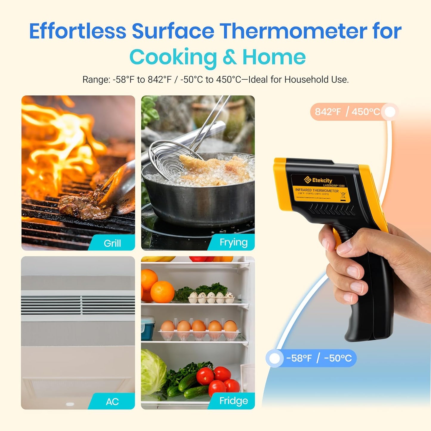 Etekcity Infrared Thermometer Laser Temperature Gun 774, Meat Food Candy Oven Thermometer for Griddle Accessories, Heat Gun for Cooking Refrigerator Tools, Adjustable Emissivity & Max Measure, Yellow