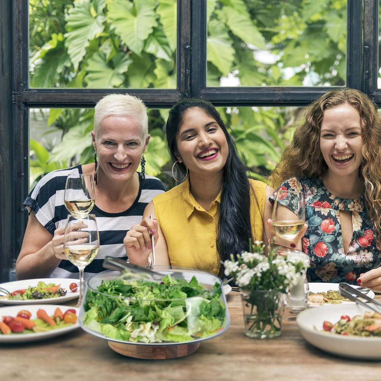 Extra Large Glass Salad Bowl Set - Party Salad Bowls with Acacia Wood Base and Serving Utensils - Elegant and Practical Kitchen Must-Have
