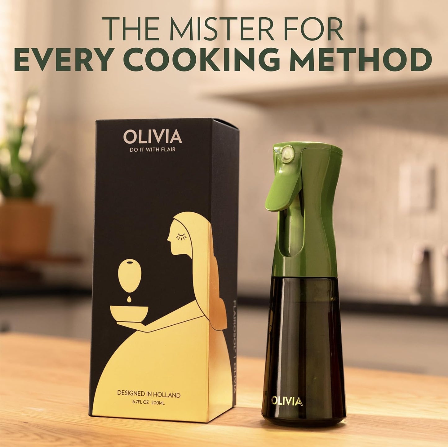 FLAIROSOL OLIVIA Oil Sprayer for Cooking, 200ml Glass Olive Oil Sprayer, Continuous Cooking Spray with Portion Control, Oil Dispenser for Kitchen, Air Fryer, Salad, BBQ (Green Bottle, Gold Print)