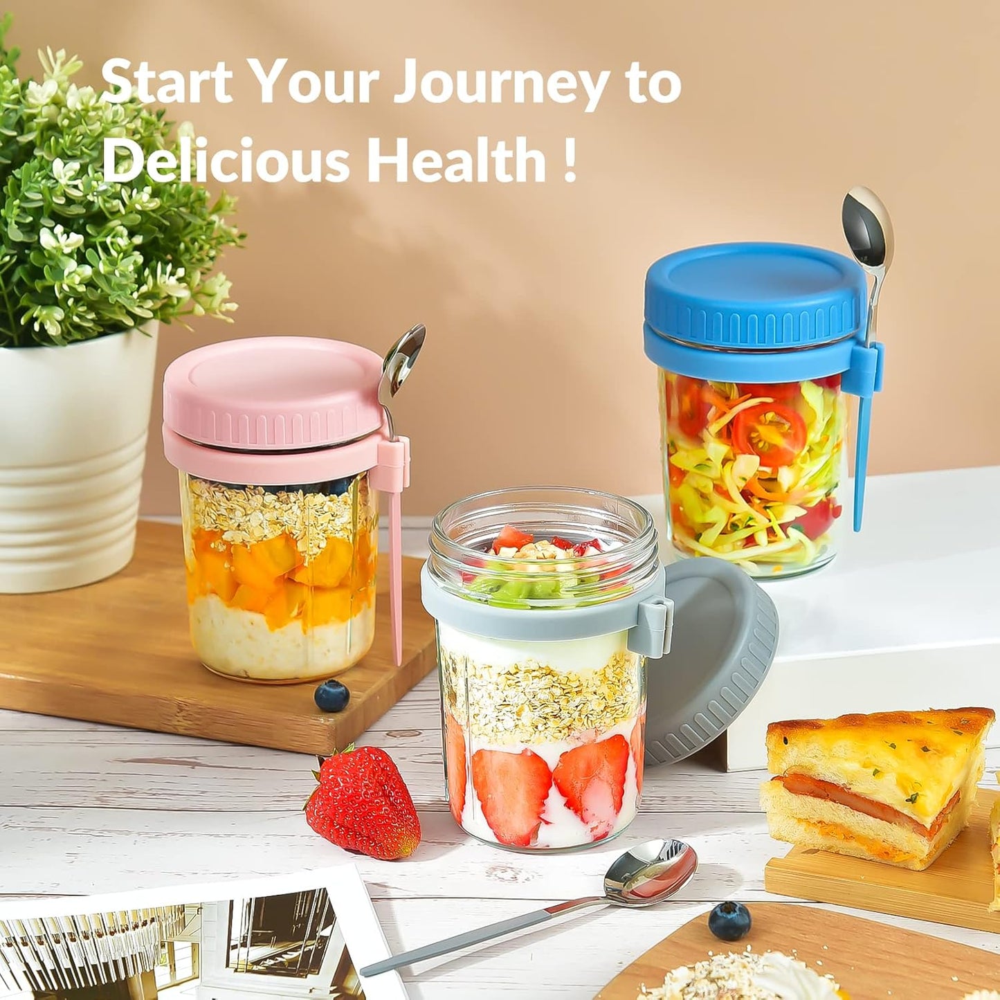 4 Pack Overnight Oats Containers with Lids and Spoons - DRKIO 16 Oz Glass Mason Jars for Overnight Oats Leak Proof Oatmeal Container Great for Cereal Fruit Vegetable Milk Salad Yogurt Meal Prep