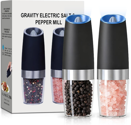Gravity Electric Salt and Pepper Grinder set of 2, Automatic Salt And Pepper Grinder Set, Adjustable Roughness, Battery Powered, LED Light, 2 Pack, (Black)
