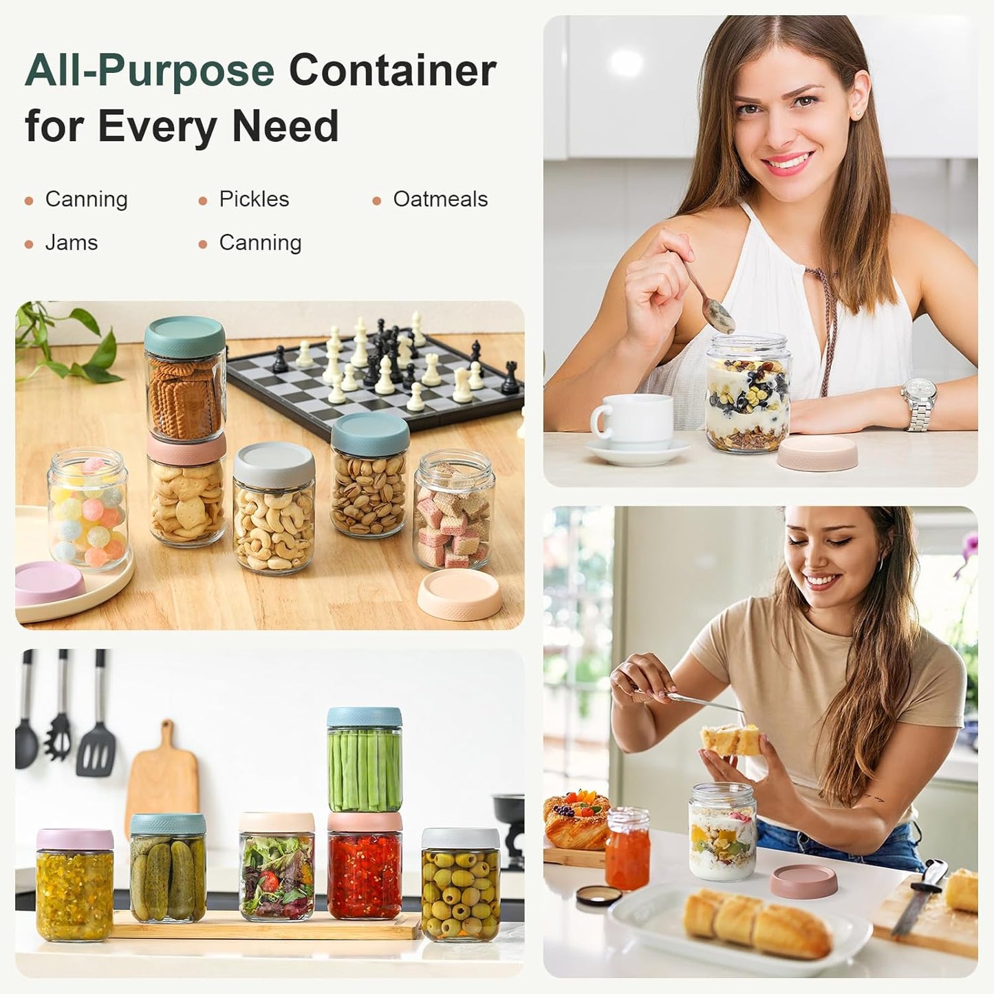 6-pack 16 oz Overnight Oats Containers with Lids, Glass jars with Airtight Lids, Wide mouth Mason Salad jars, Glass Food Storage Containers for Snacks Yogurt Spice Sugar