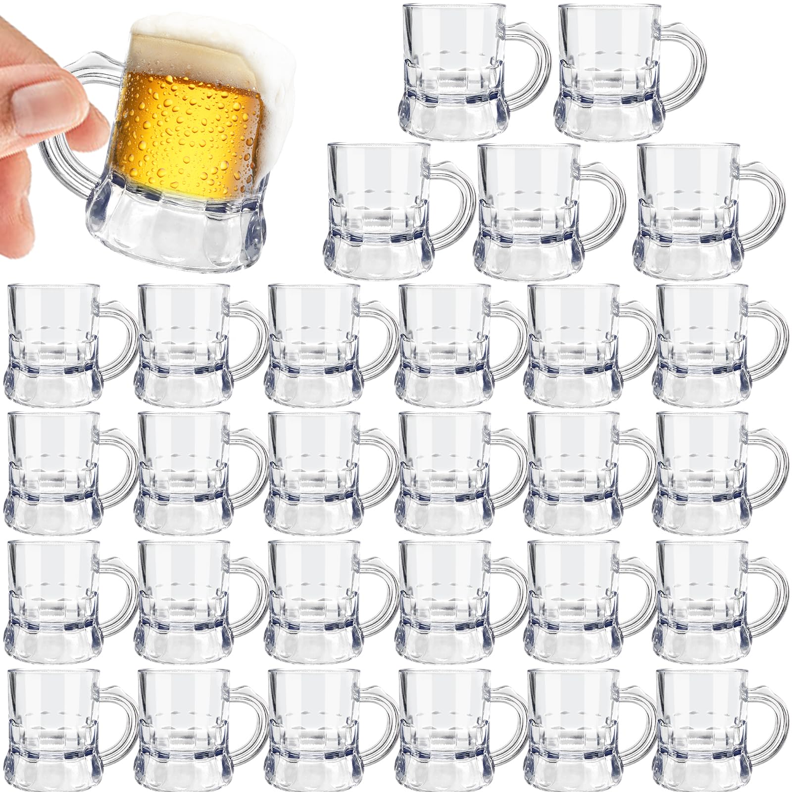 Irrmshr 30 Pcs Mini Plastic Beer Mugs, 1 oz Clear Plastic Shot Glasses with Handles, Reusable Beer Stein Tasting Glasses for Drinking, Festival, Party, BBQ