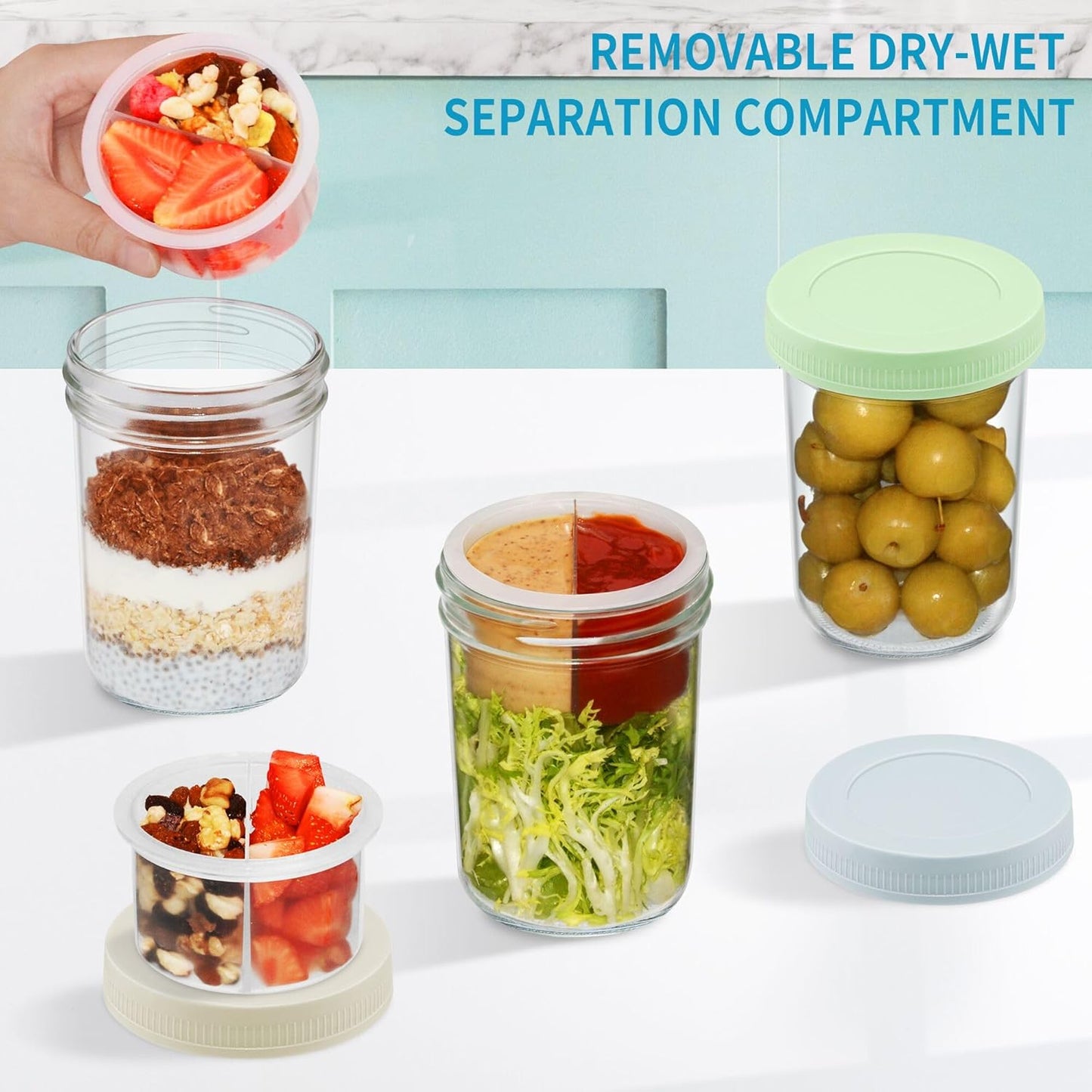 16 oz Overnight Oats Containers with Airtight Lids - 6-Pack Leak-Proof Wide Mouth Mason Jars & Divided Cups for Dried and Wet Foods, Glass Jars for Chia Pudding, Salad, Snacks, and Yogurt