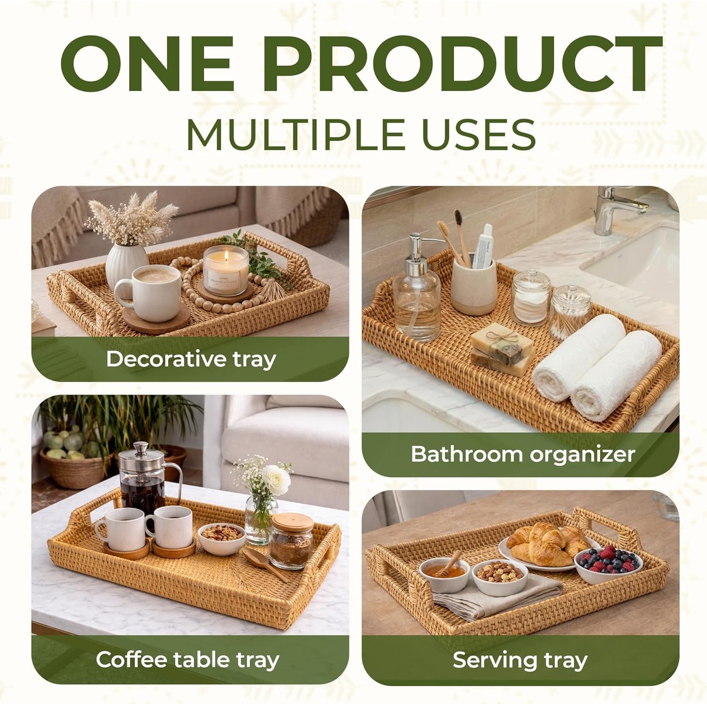 Rattan Serving Tray with Handles (11.4 x 16.9 x 2 in) – Handwoven Wicker Tray for Coffee Table, Breakfast, Ottoman & Home Decor, Natural Woven Tray