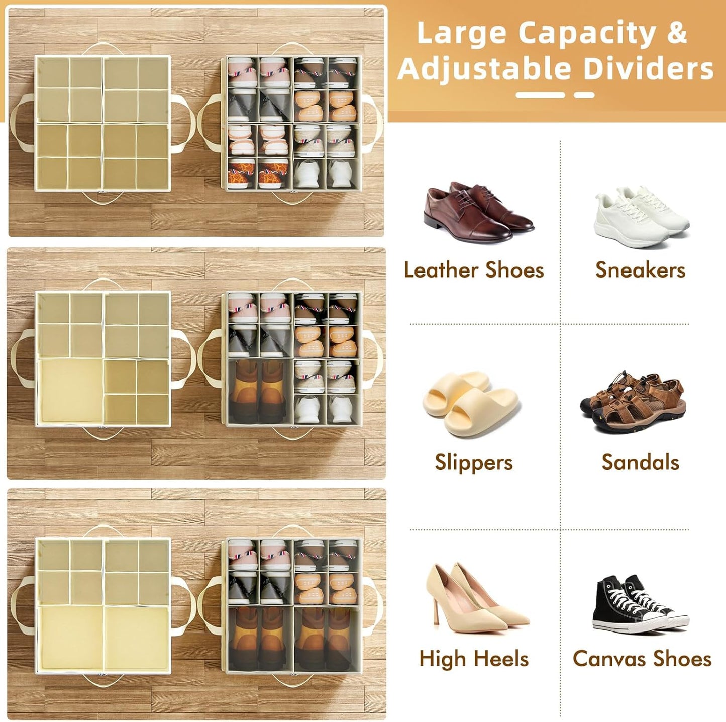 2 Pack Shoe Organizer for Closet, Large Shoe Box Storage Containers, Foldable Shoe Storage Organizer Box Bin with Adjustable Dividers and Clear Cover, Space Saving Shoes Holder, Beige