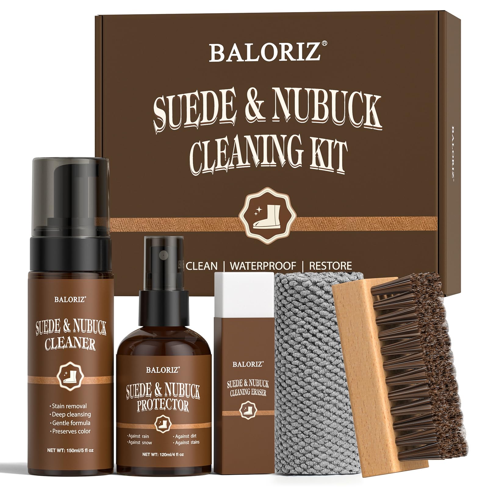 Suede & Nubuck Care Kit for Clog & Sandal, 5-Piece Set with Cleaner, Protector, Suede Brush & Eraser Clean, Microfiber Cloth, Premium Care Kit Protect for Shoes, Boots, Uggs, Jackets, Bags and Apparel