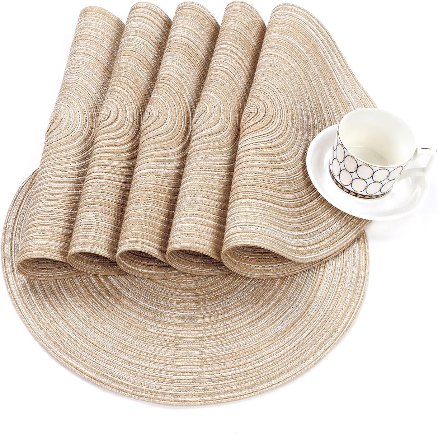 SHACOS 15 inch Round Braided Placemats Set of 6 Cotton Polyester Place Mats Non Slip Heat Resistant Washable Table Mats for Kitchen Dining Party Table Decor (Beige, 6)