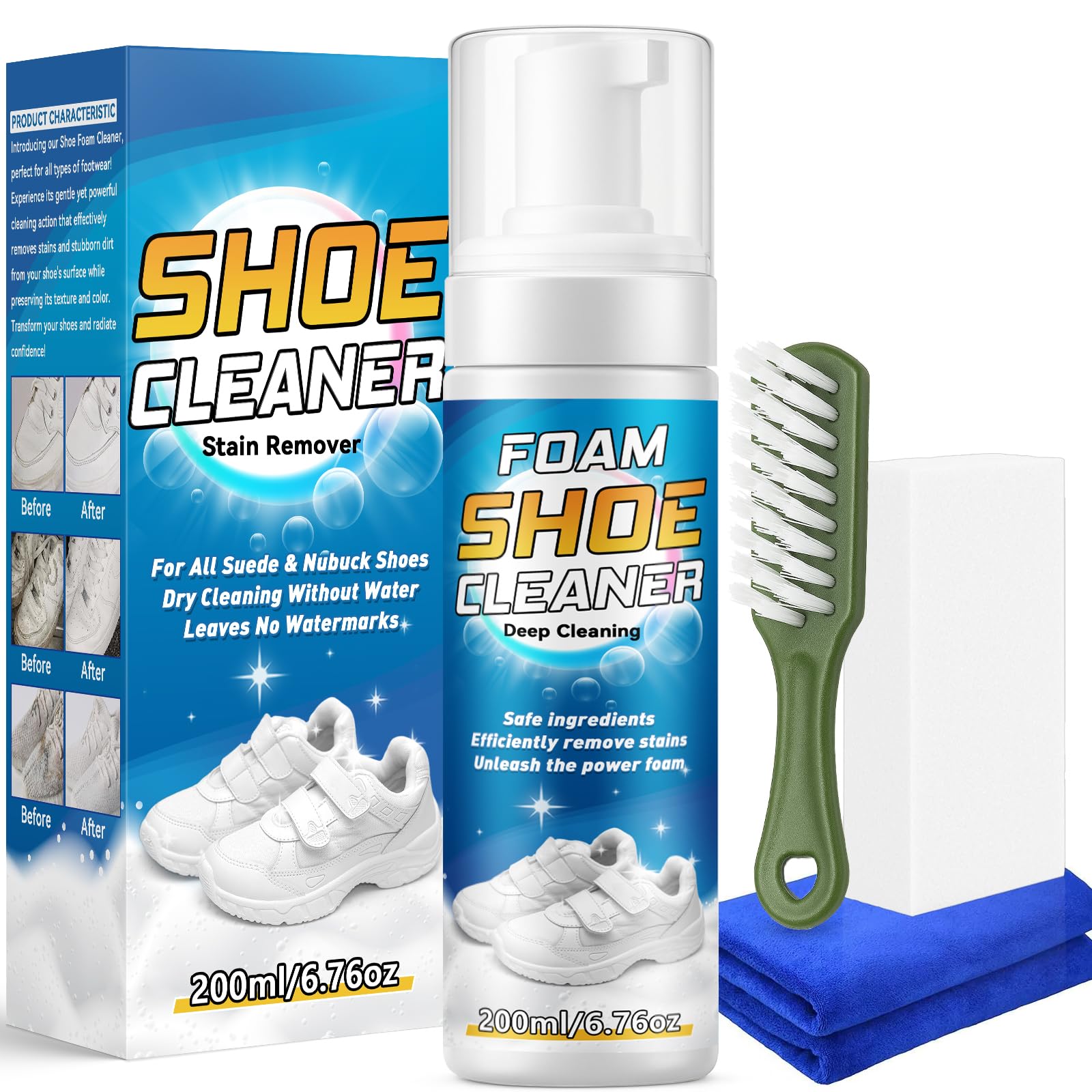 Shoe Cleaner, Deep Cleaning Sole Sneaker Cleaner, Shoe Cleaning Kit with Brush and Towel , White Shoe Cleaner for Sneakers, Tennis Shoes, Leather, Canvas, Rubber, Removes Dirt, Stains, 6.76 oz