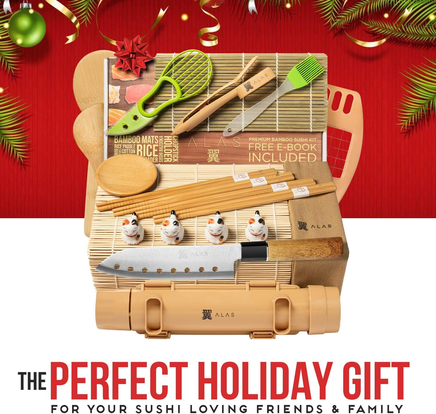 Alas Complete 20 Piece Sushi Making Set - Kit for Beginners & Pros with Knife, 2 Mats, Rice Bazooka and Dipping Plate