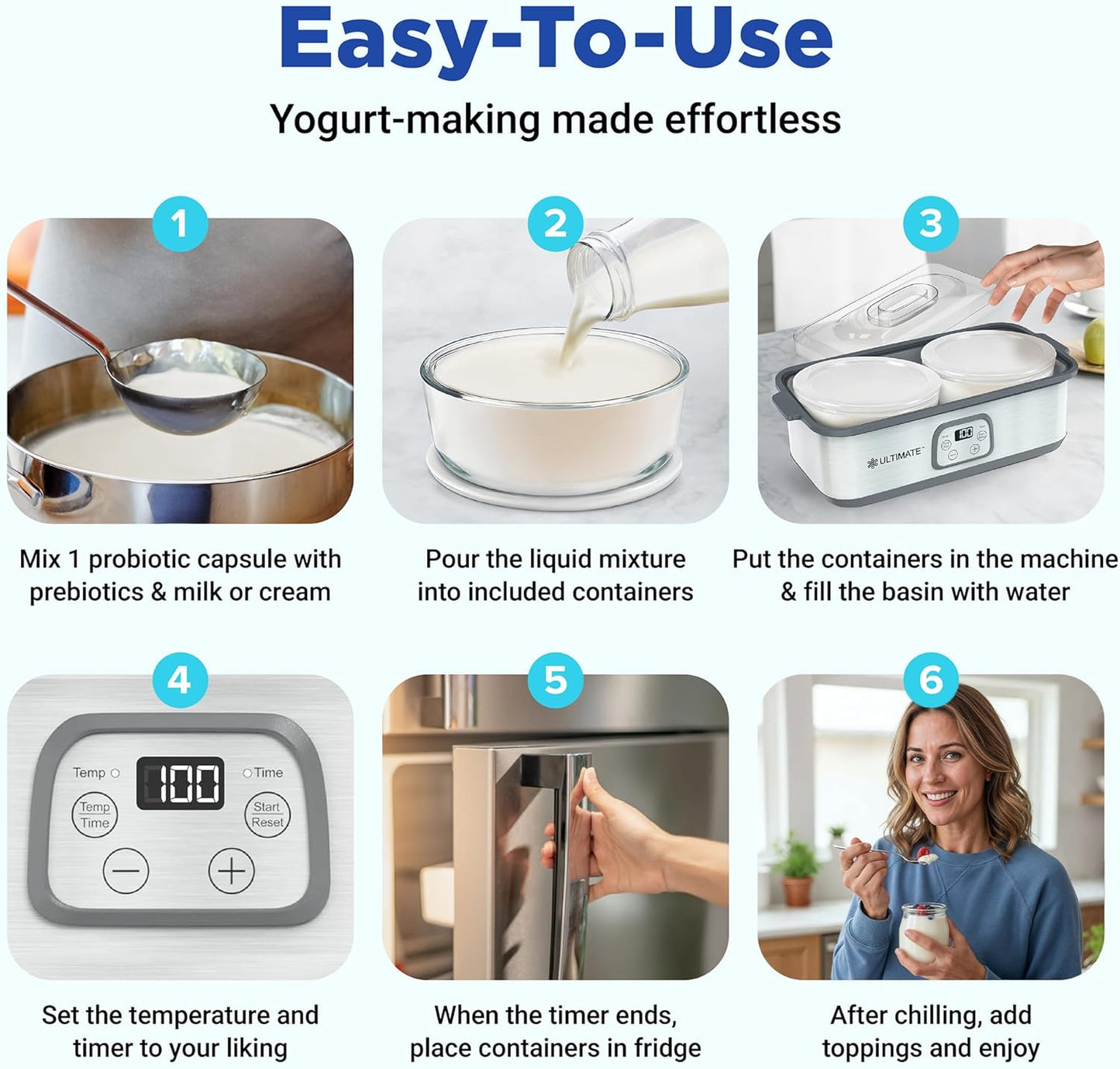 Ultimate Probiotic Yogurt Maker with Adjustable Time & Temp Control - Make Trillions of Live Probiotics with Two 1-Quart Containers for Larger Batches - Greek Yogurt Maker - ULTIMATE LIFETIME WARRANTY