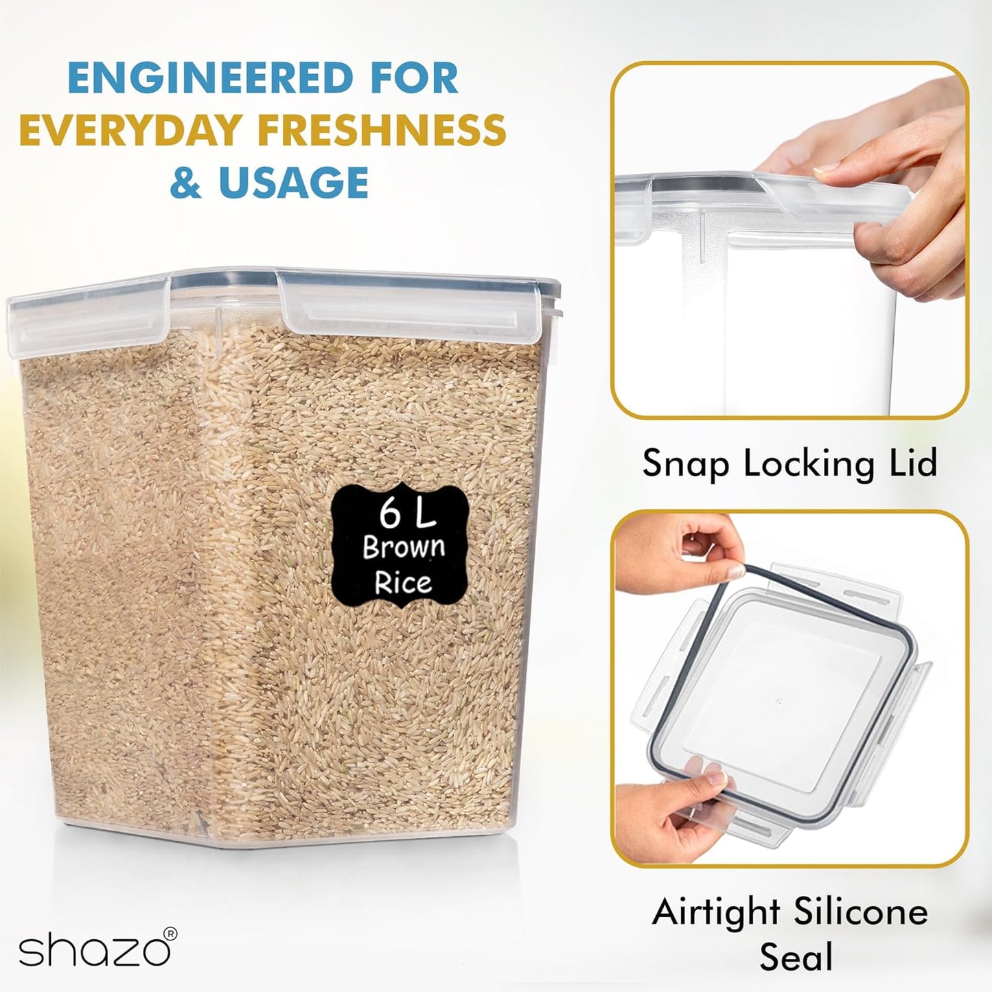Shazo Flour Sugar Storage Containers Set of 3 (6L, 2.9L, 1.1L) Large Airtight Food Storage Containers with Lids, BPA-Free Plastic Container for Kitchen & Pantry Organizers, Cereal, Rice & Pasta