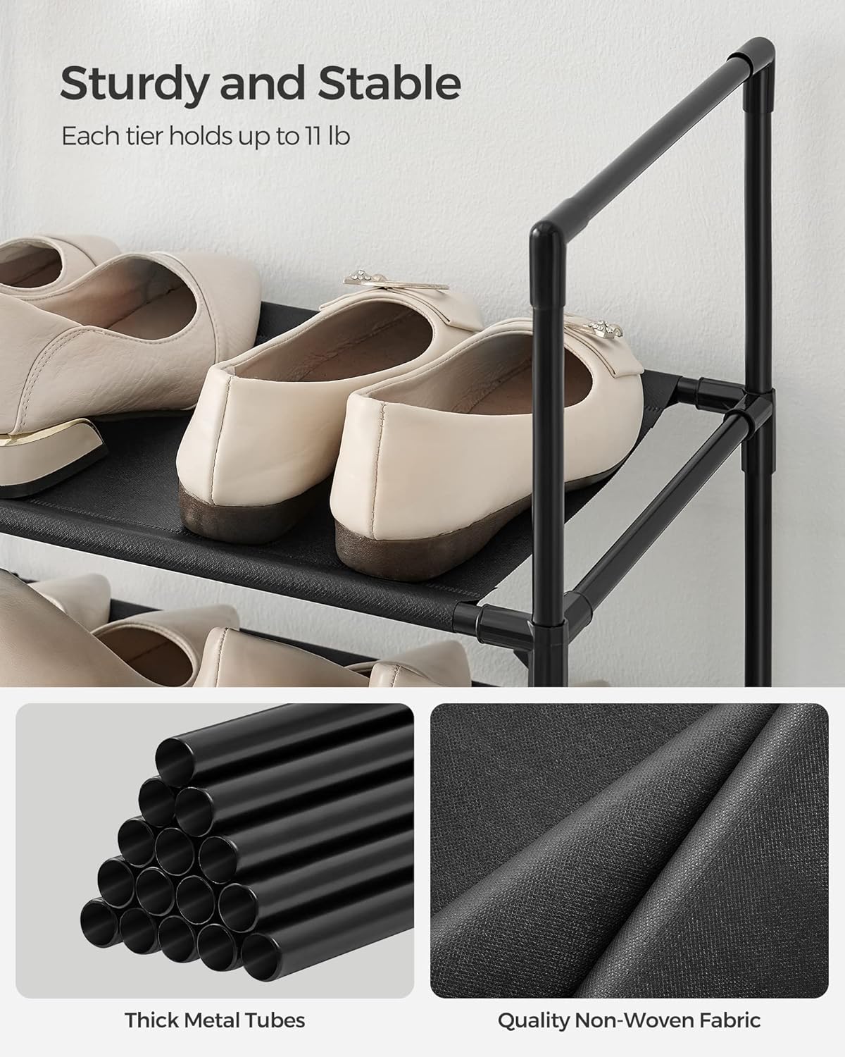 SONGMICS Shoe Rack, 10-Tier Shoe Shelf, Shoe Storage Organizer, 11 x 17.7 x 68 Inches, Metal Frame, Non-Woven Fabric Shelves, for Entryway, Bedroom, Black ULSH010B02