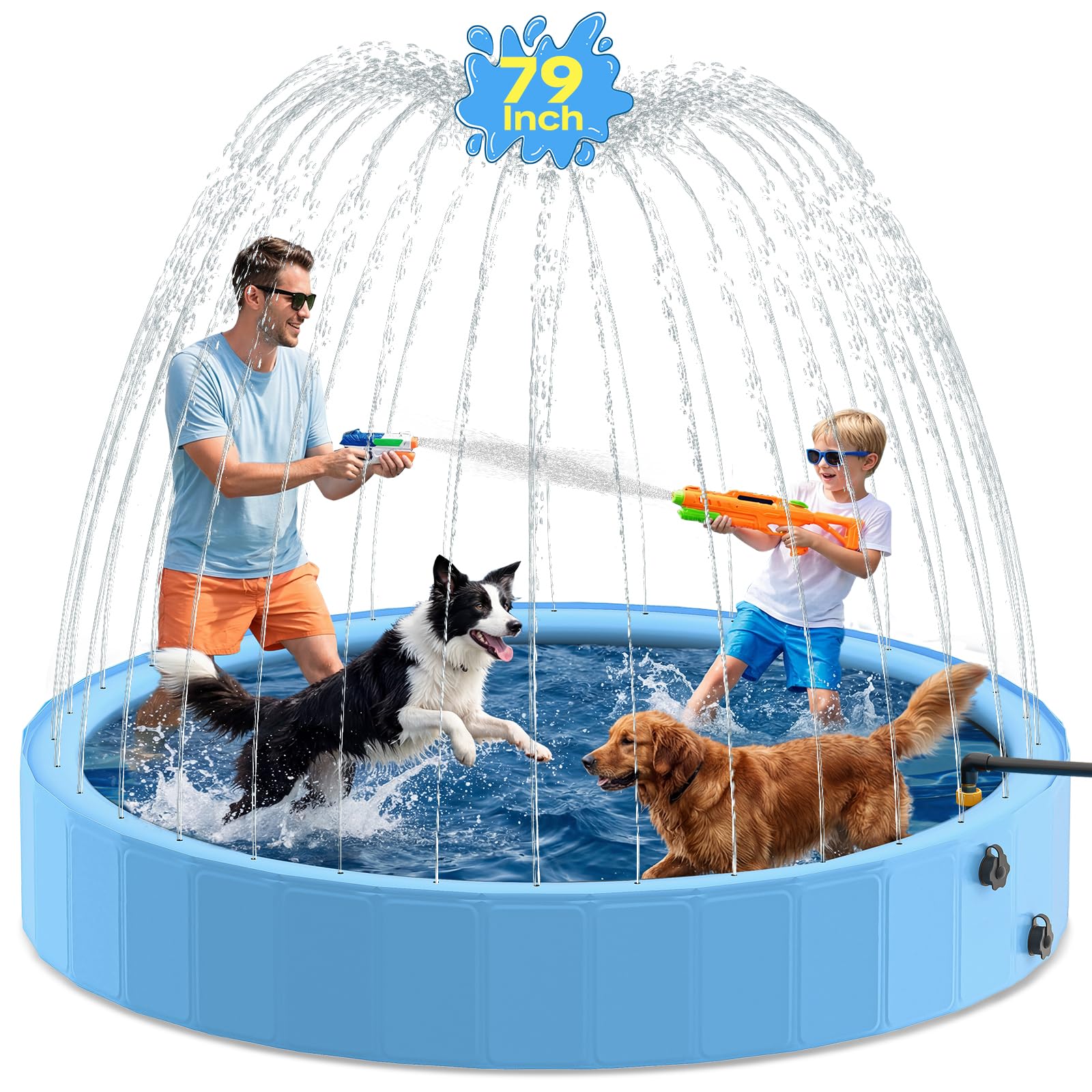 79'' Dog Pool with Sprinkler, Foldable Dog Pools for Large Dogs, 2-in-1 Non-Slip Swimming Pool for Dogs & Kids, Heavy Duty Hard Plastic Pet Bathing Tub for Outdoor Backyard, Blue
