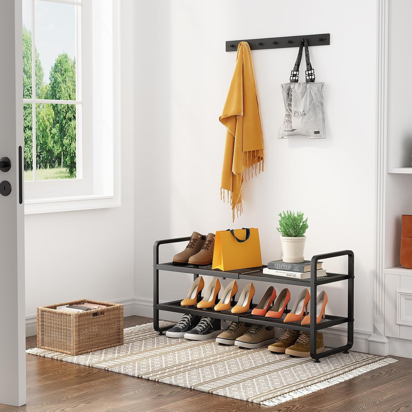 SNTD Shoe Rack - Expandable Shoe Organizer for Closet, Adjustable Metal Shoe Shelf Storage, Stackable Long Shoe Stand Holder for Garage, Entryway, Door Entrance (Black, 2-Tier)