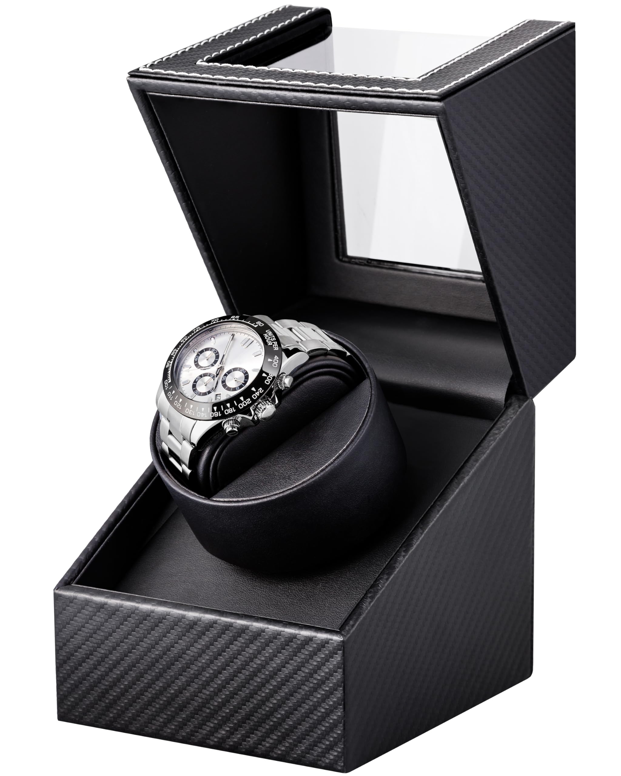 Watch Winder for Automatic Watches: Automatic Single Watch Winder Box with Japanese Quiet Motor, Rotating Watch Case in Black Carbon Fiber Leather, Gifts for Men & Collectors