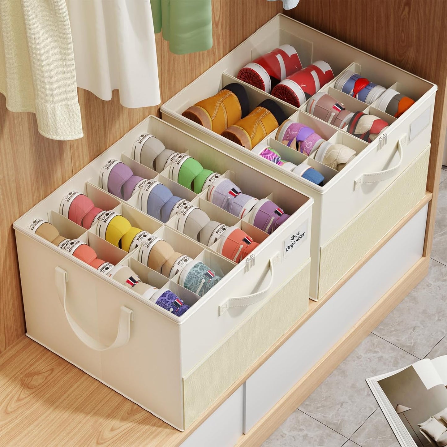2 Pack Shoe Organizer for Closet, Large Shoe Box Storage Containers, Foldable Shoe Storage Organizer Box Bin with Adjustable Dividers and Clear Cover, Space Saving Shoes Holder, Beige